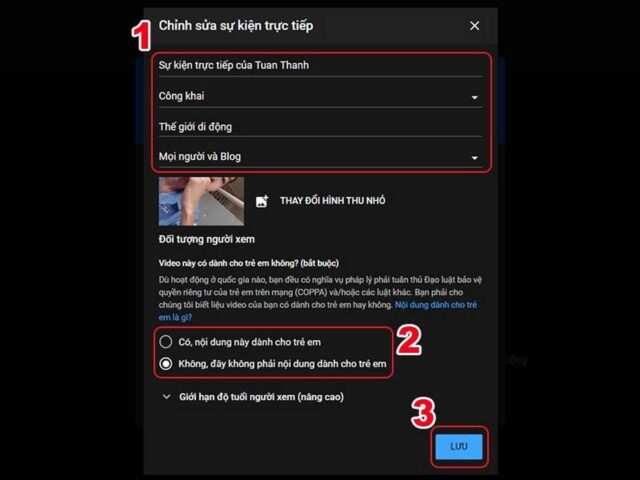 Nhập thông tin cho buổi live stream YouTube