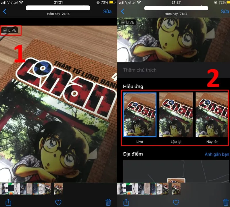 Ảnh minh họa các hiệu ứng Lặp lại, Nảy lên, Phơi sáng lâu cho Live Photo