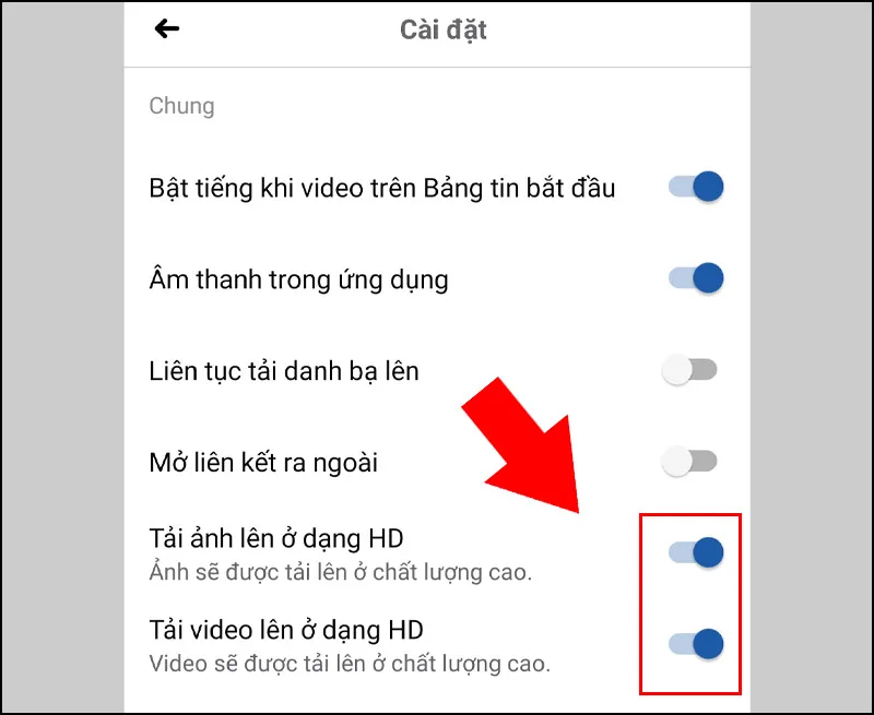 Bật tính năng Tải video lên ở dạng HD trong cài đặt Facebook trên Android
