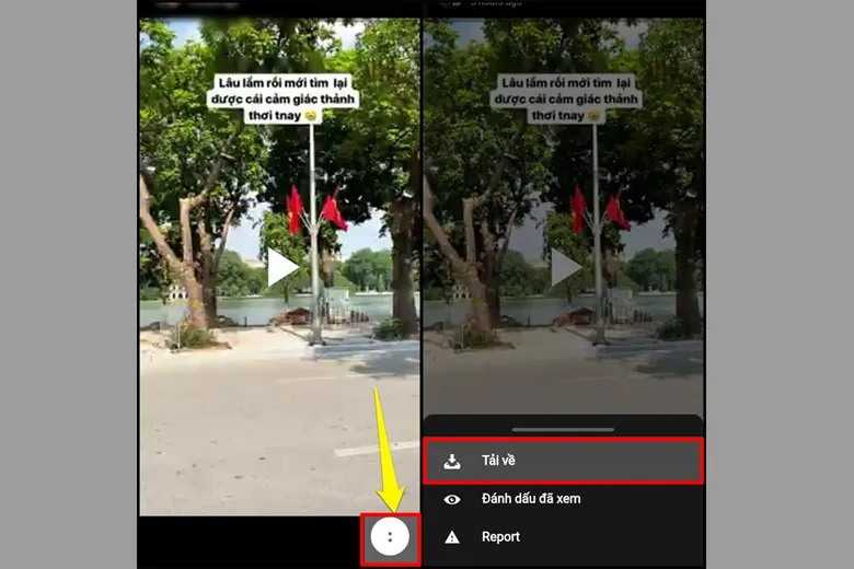 Biểu tượng ba chấm và nút tải về trong ứng dụng giúp bạn lưu video story Facebook