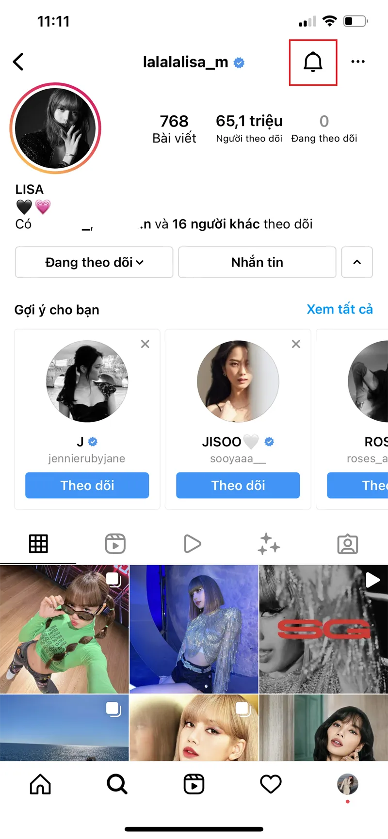 Biểu tượng chuông thông báo trên trang cá nhân Instagram, nơi người dùng có thể tùy chỉnh cài đặt nhận thông báo
