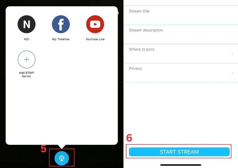 Biểu tượng "Start Stream" màu xanh ở giữa màn hình ứng dụng Many Cam, chuẩn bị bắt đầu live stream PC bằng điện thoại.