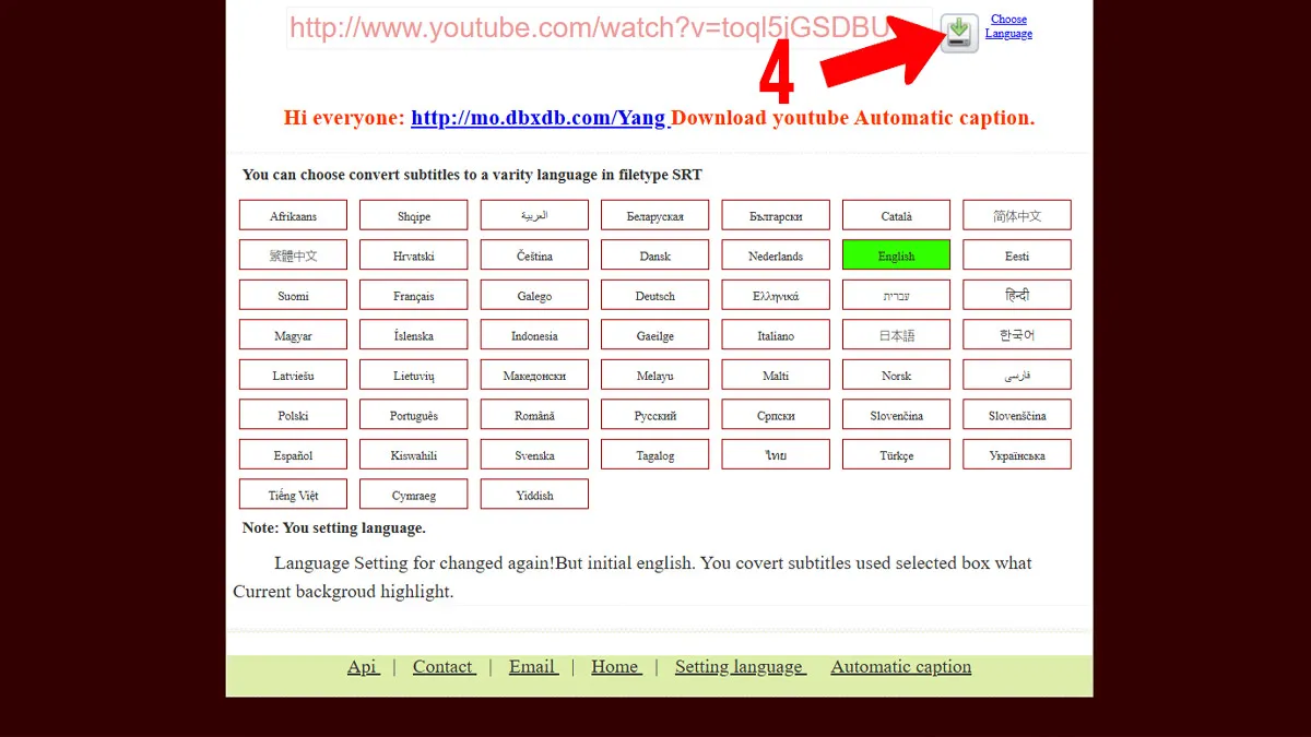 Biểu tượng tải xuống trên Getting YouTube Subtitles sau khi chọn ngôn ngữ, hoàn tất quá trình tìm hiểu cách đẻ tải video trên YouTube.