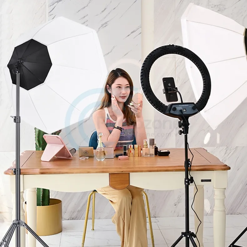 Bộ Softbox bát giác 70cm với đèn LED LiveStream nấm 450W giúp cải thiện ánh sáng khi live