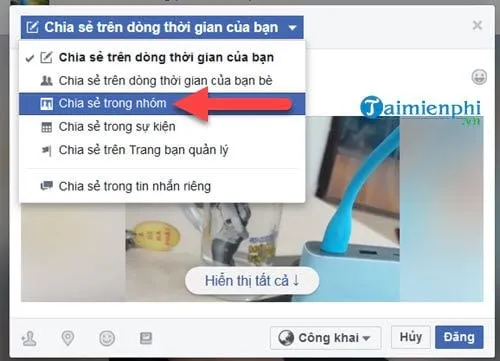 Bước chọn "chia sẻ trong nhóm" để thực hiện cách chia sẻ live stream