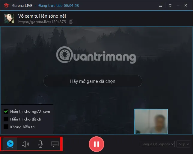 Các biểu tượng điều khiển kỹ thuật livestream trên Garena bao gồm webcam, âm lượng game và mic