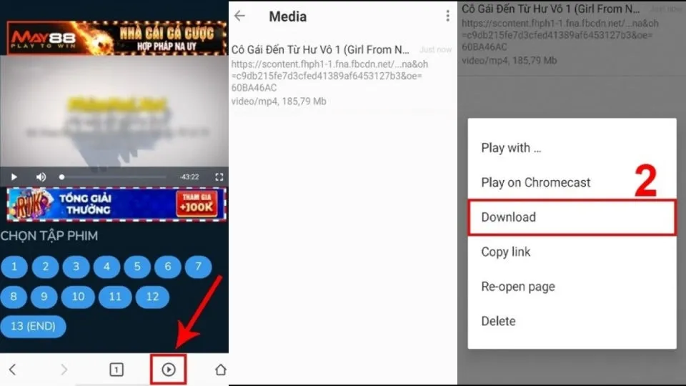 Các bước chọn Media và Download trong Amaze Browser để lưu phim từ PhimHD.Net