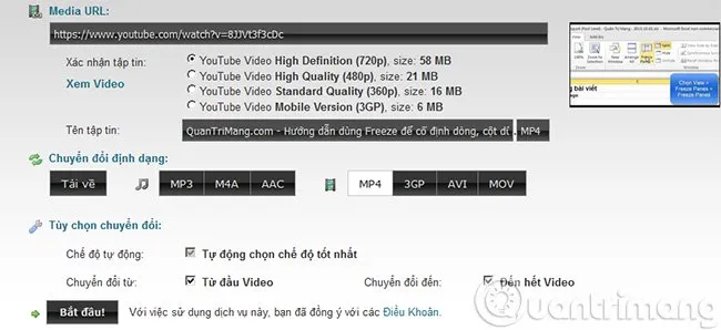 Các tùy chọn cấu hình và tải xuống video YouTube trên Clip Converter