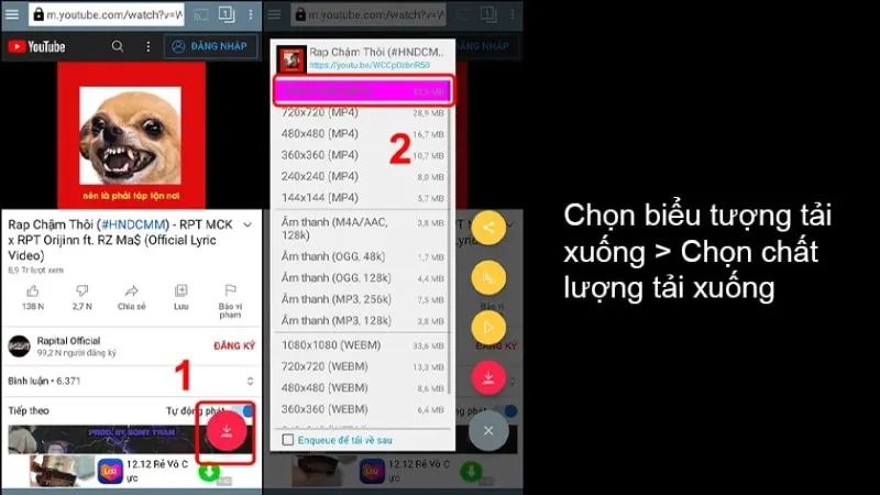 Các tùy chọn chất lượng và định dạng tải xuống video trong ứng dụng Tubemate, cho phép người dùng lựa chọn trước khi tải video YouTube về điện thoại Android.