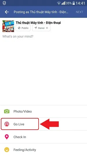 Các tùy chọn đăng bài trên Facebook bao gồm "Go Live", hướng dẫn live stream trong group.