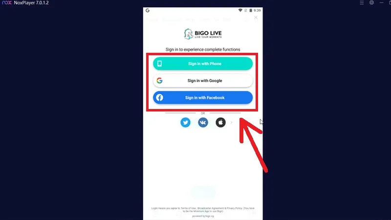 Các tùy chọn đăng nhập vào Bigo Live bao gồm số điện thoại, Google và Facebook