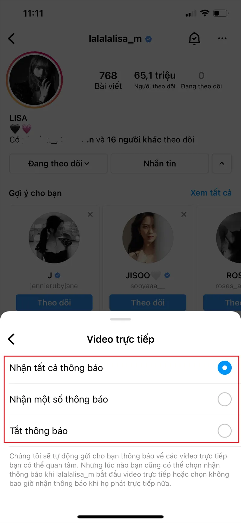 Các tùy chọn thông báo cho Video trực tiếp trên Instagram, cho phép người dùng chọn mức độ nhận thông báo