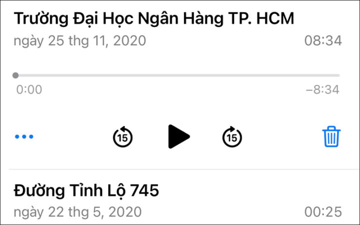 Giao diện chọn file ghi âm trên iPhone, hiển thị danh sách các bản ghi âm để người dùng lựa chọn.