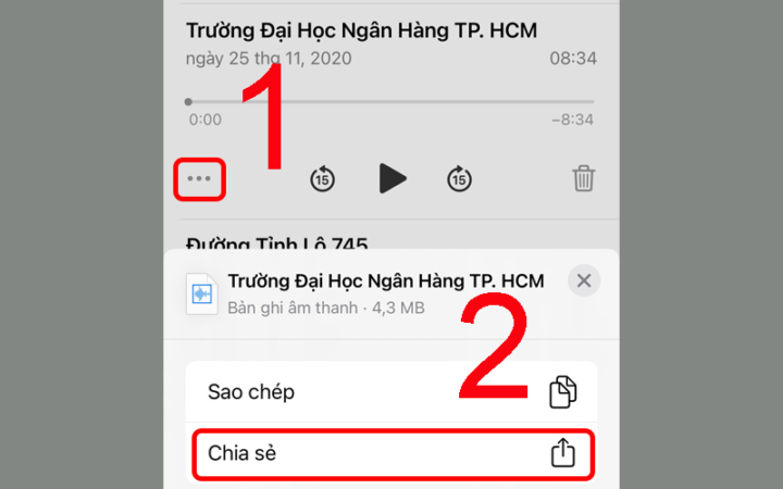 Giao diện chia sẻ tệp ghi âm trên iPhone, cho phép người dùng chọn các ứng dụng hoặc dịch vụ để gửi file.