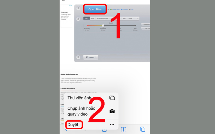 Giao diện của Online Audio Converter trên trình duyệt, với nút "Open files" để tải tệp lên.