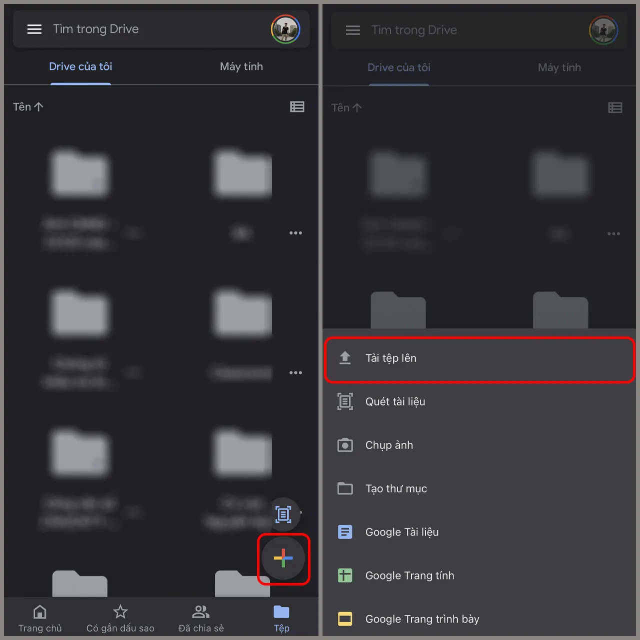 Cách chọn biểu tượng dấu cộng để tải tệp video lên Google Drive trên điện thoại