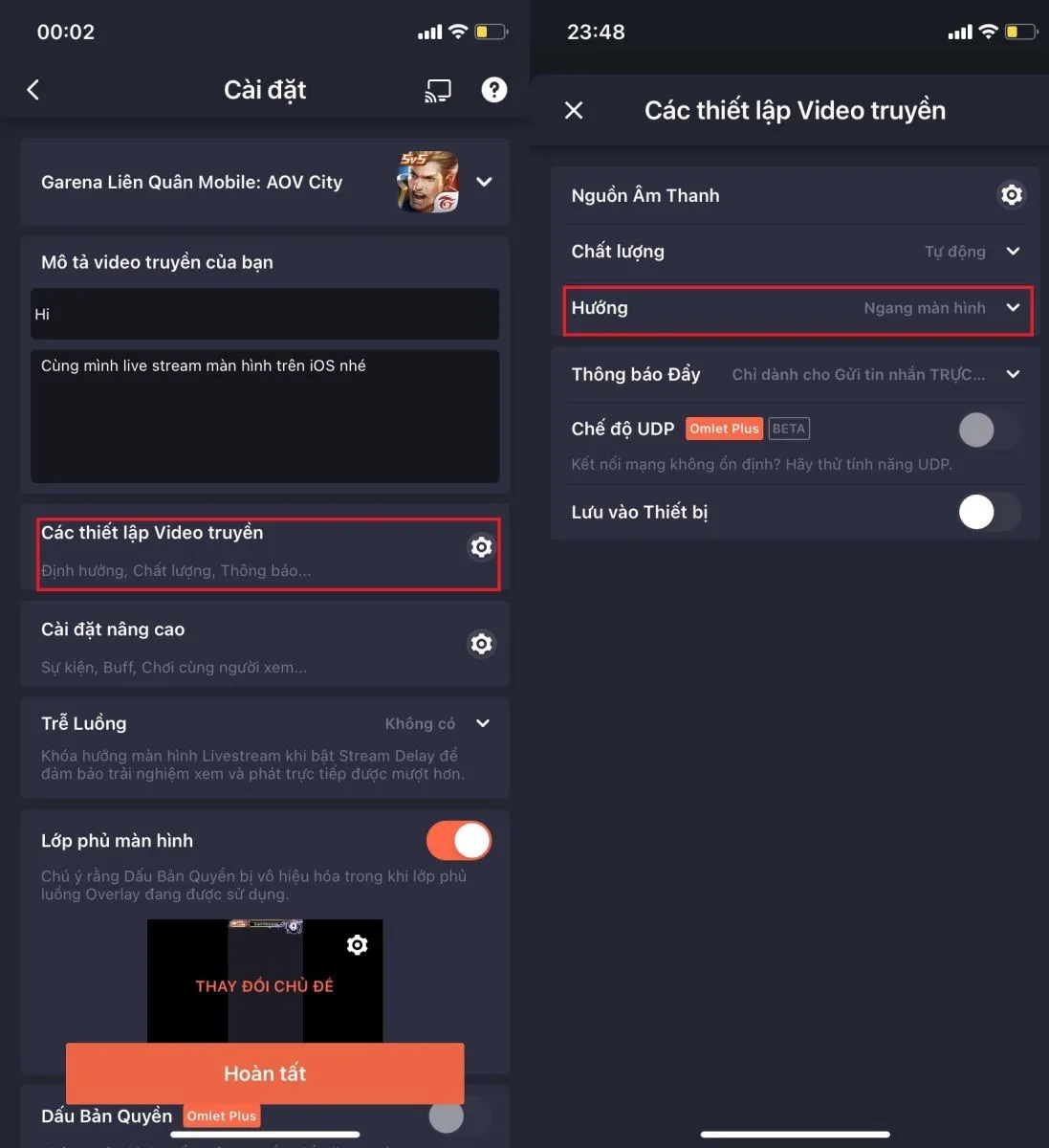 Cài đặt chi tiết luồng live stream màn hình iOS trên Omlet Arcade, bao gồm tiêu đề, mô tả và tùy chọn hướng phát trực tiếp.