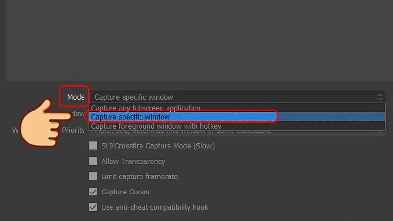 Cấu hình chế độ Capture specific window trong OBS để live stream Twitch một cửa sổ game