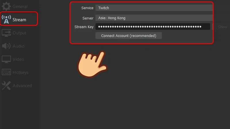 Cấu hình dịch vụ Twitch và dán khóa truyền trực tiếp trong OBS Settings