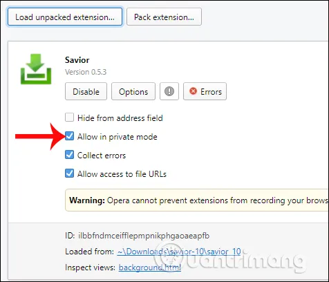Cấu hình tiện ích Savior cho phép hoạt động trong chế độ duyệt web ẩn danh của Opera