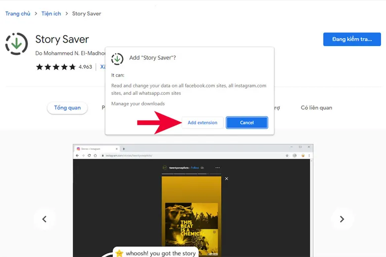 Chọn "Add extension" để xác nhận cài đặt tiện ích Story Saver
