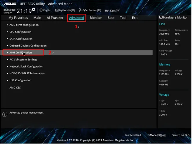 Chọn Advanced và APM Configuration trong menu cài đặt BIOS nâng cao để cấu hình nguồn.