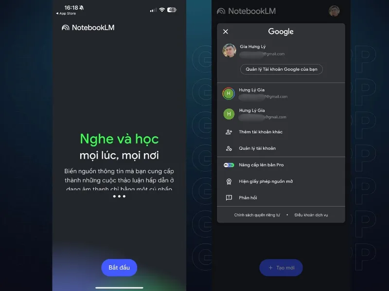  chọn Bắt đầu thì ứng dụng sẽ tự động đăng nhập bằng tài khoản Google (Gmail)
