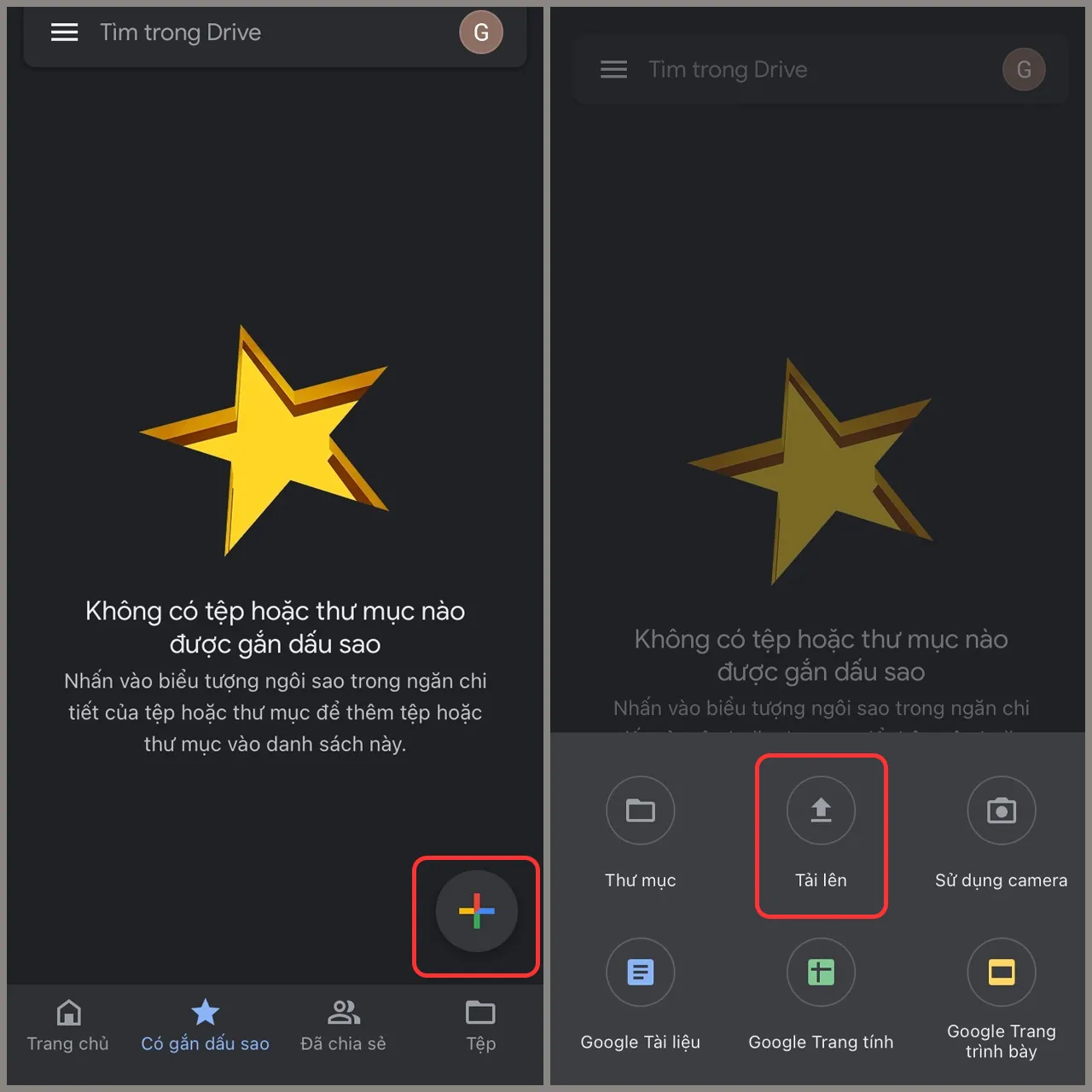 Chọn biểu tượng dấu cộng để bắt đầu tải file video lên Google Drive trên điện thoại