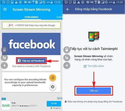 Chọn biểu tượng Facebook và kết nối tài khoản để live stream màn hình Android lên Facebook qua Screen Stream Mirror Free