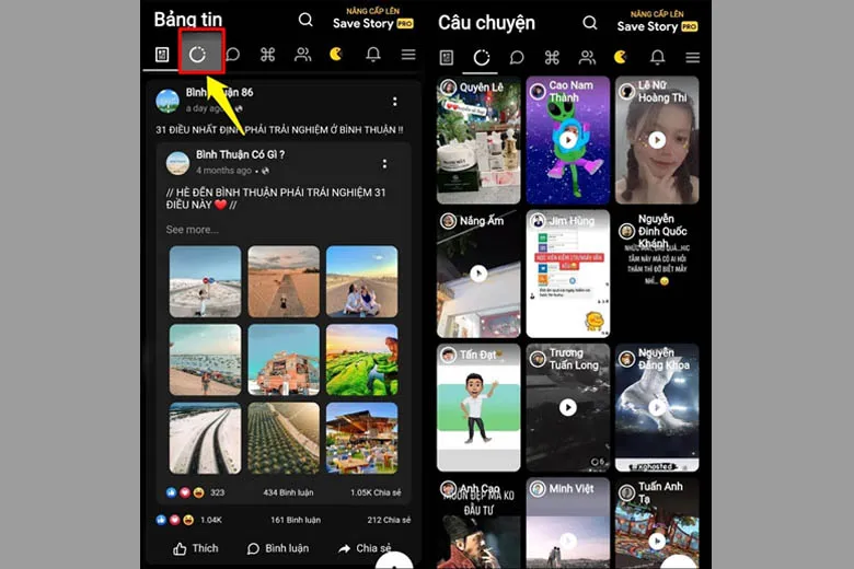 Chọn biểu tượng story trong ứng dụng Save Story for Facebook Stories để xem các video story