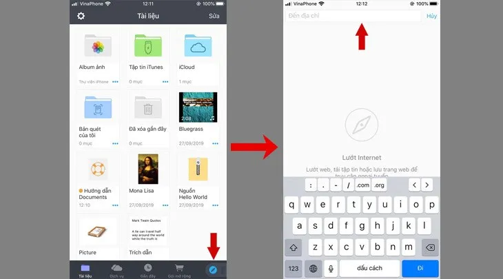 Chọn biểu tượng trình duyệt web tích hợp trong ứng dụng quản lý tệp để tìm kiếm và tải video về iPhone 6 Plus