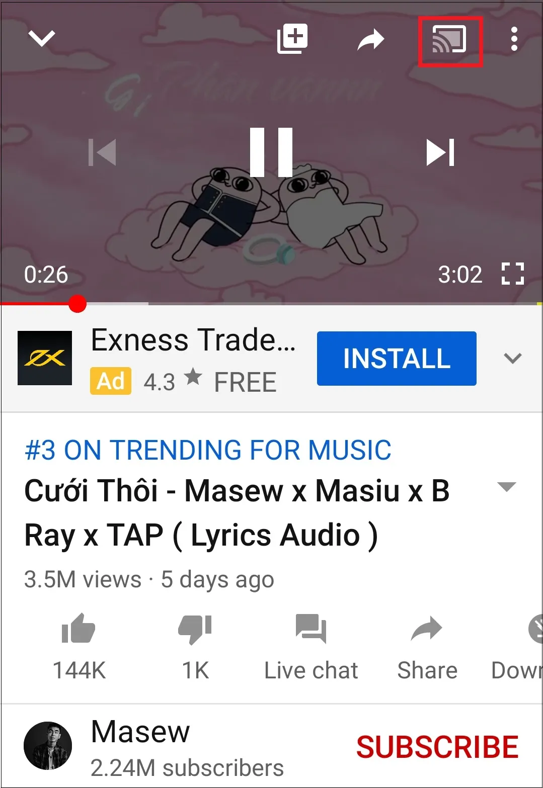 Chọn biểu tượng truyền tải trên ứng dụng YouTube để tải video lên TV qua Wifi