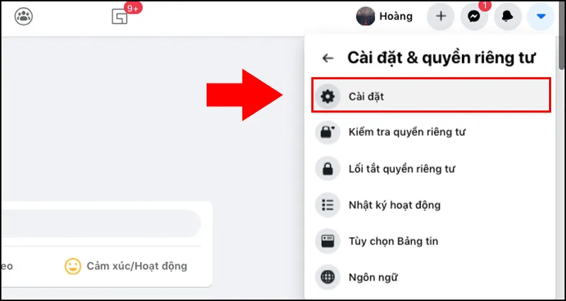 Chọn Cài đặt trong menu Facebook trên máy tính để tiếp tục thiết lập chất lượng video Full HD