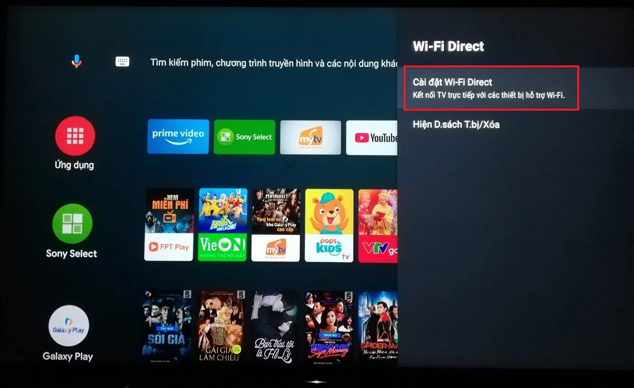 Chọn Cài đặt Wifi Direct trên TV để quản lý kết nối và tải video lên