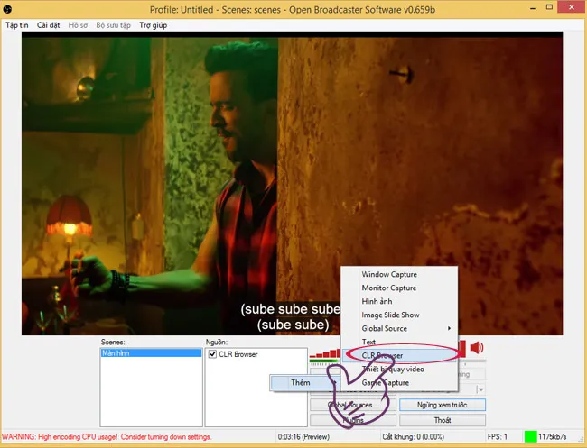 Chọn CLR source trong OBS để phát video YouTube lên Facebook Live
