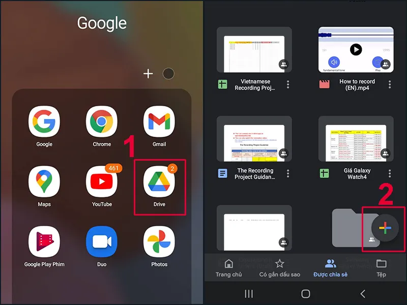 Chọn dấu cộng trong ứng dụng Google Drive để thêm video