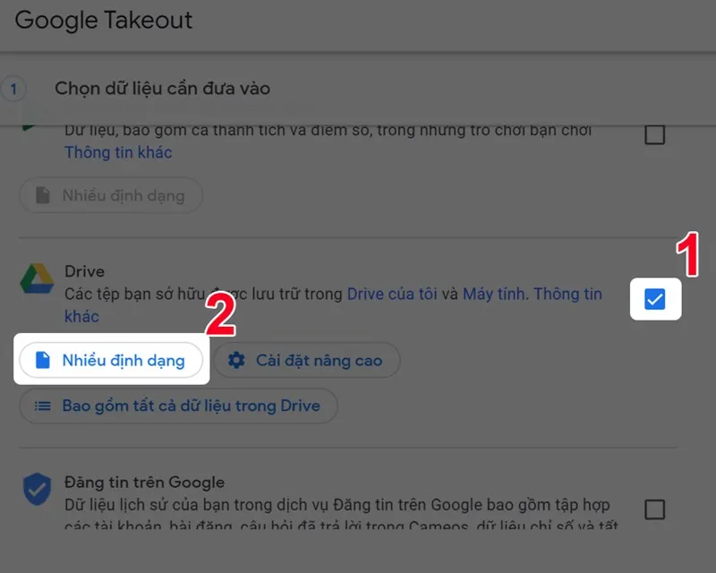 Chọn dịch vụ Google Drive và tùy chỉnh định dạng