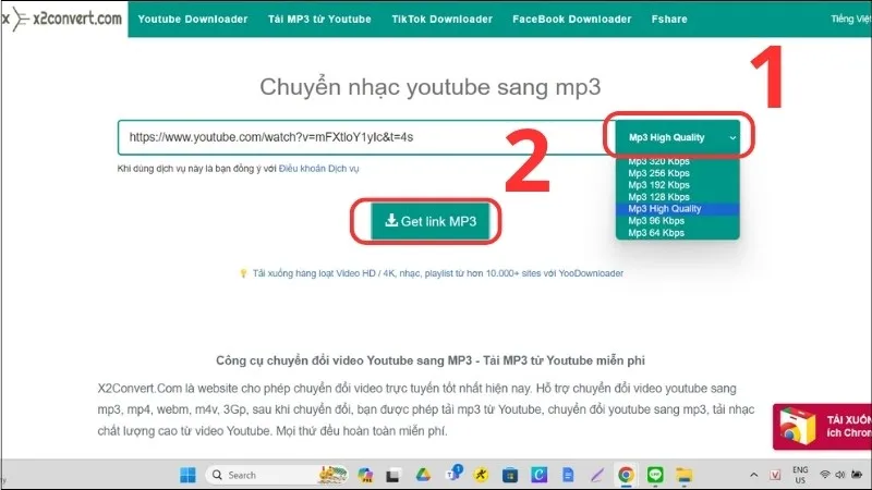 Chọn định dạng MP3 và nhấn Get link MP3 trên X2Convert.com máy tính