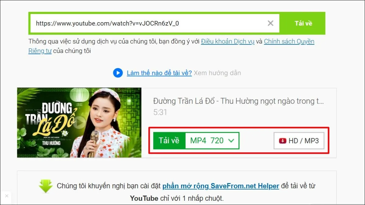 Chọn định dạng và độ phân giải video trên SaveFrom.net trước khi tải xuống