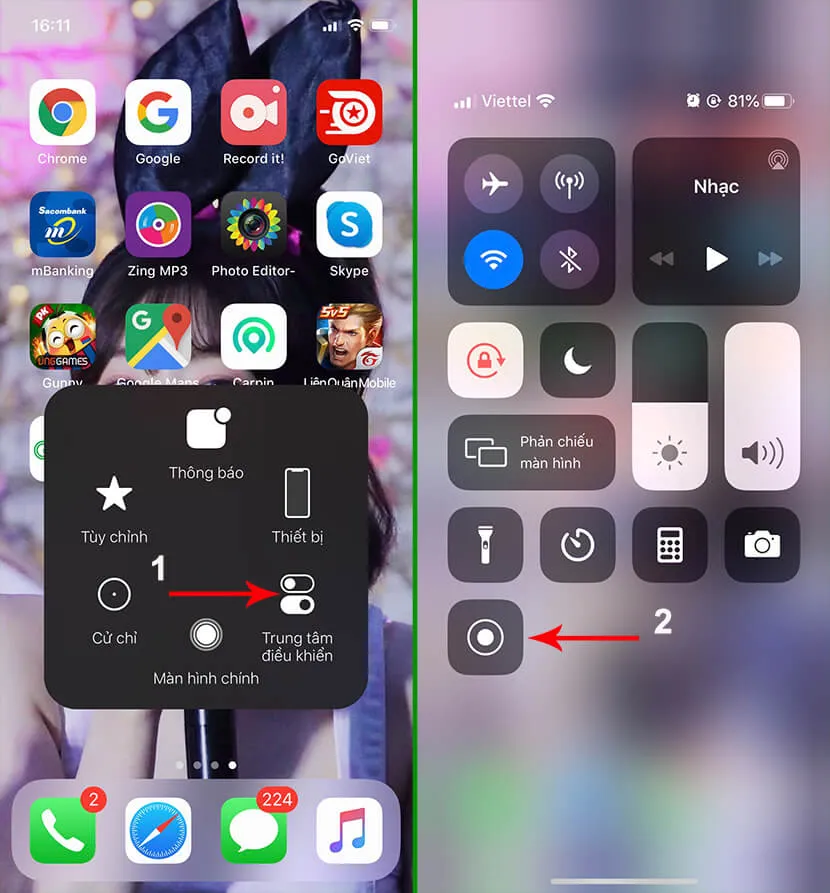 Chọn Facebook trong tùy chọn ghi màn hình để live điện thoại iOS
