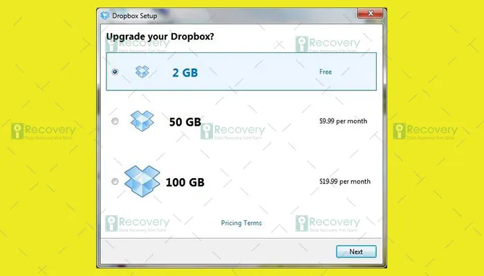 Chọn gói tài khoản miễn phí 2GB khi cài đặt Dropbox trên máy tính để bắt đầu sử dụng
