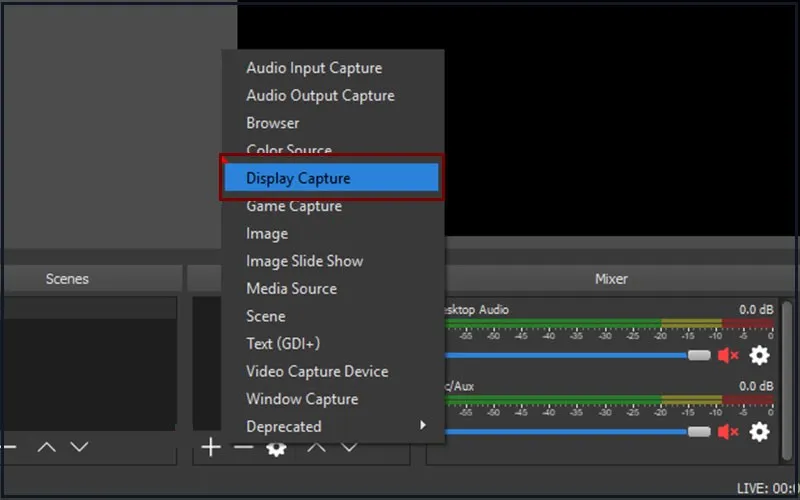 Chọn loại nguồn phát trong OBS Studio để bắt đầu stream