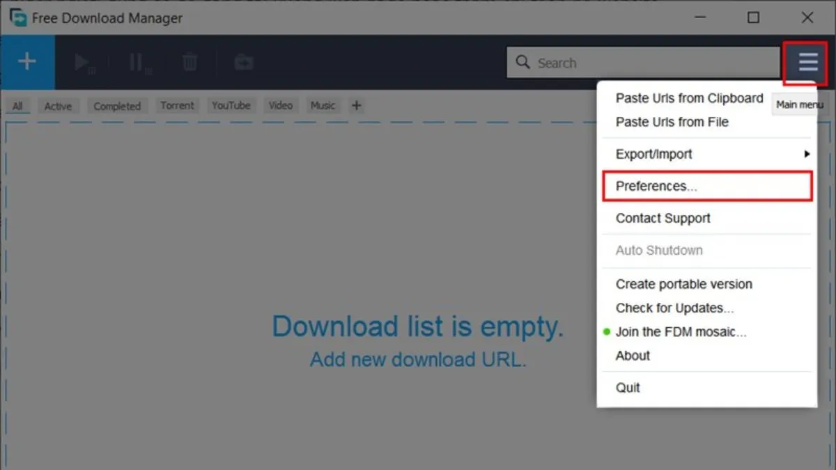 Chọn Main menu trong Free Download Manager