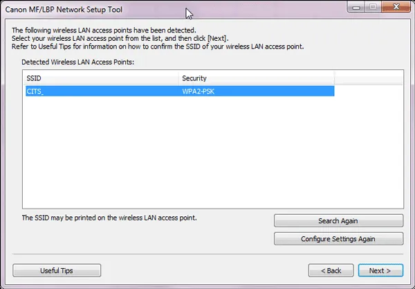 Chọn mạng Wi-Fi và nhấn Next để kết nối máy in Canon 6030W