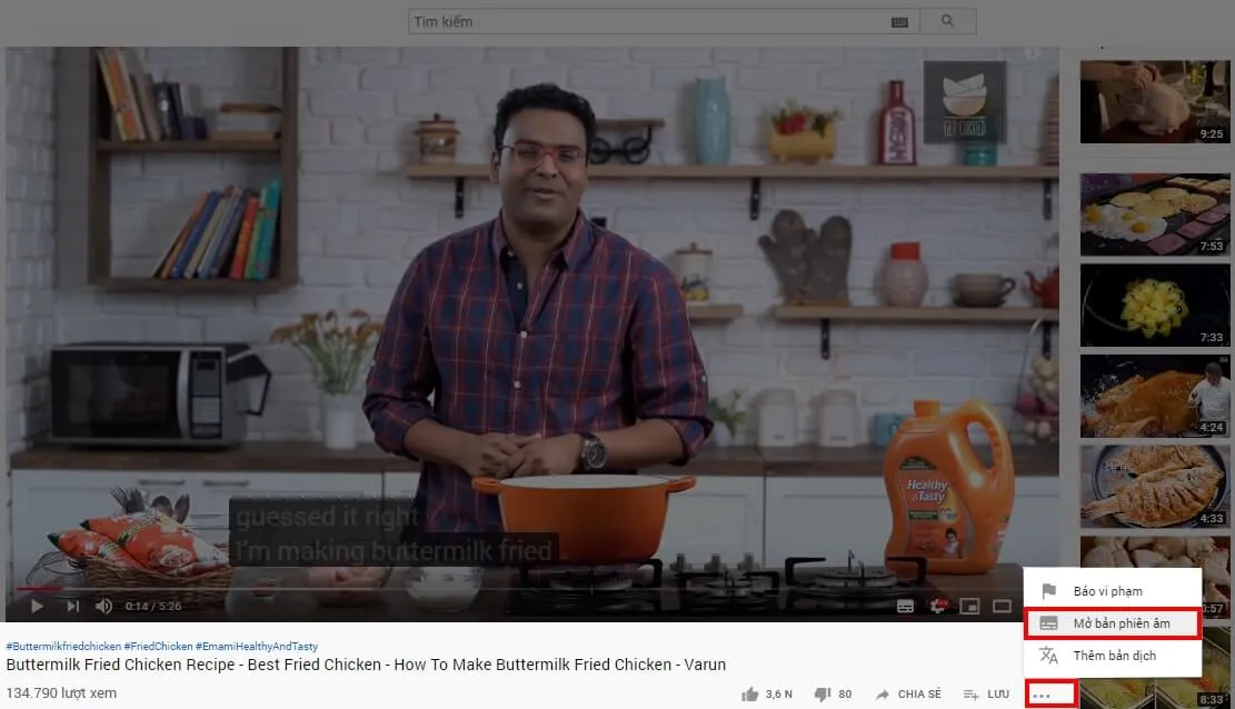 Chọn 'Mở Bản Phiên Âm' trên YouTube để xem phụ đề