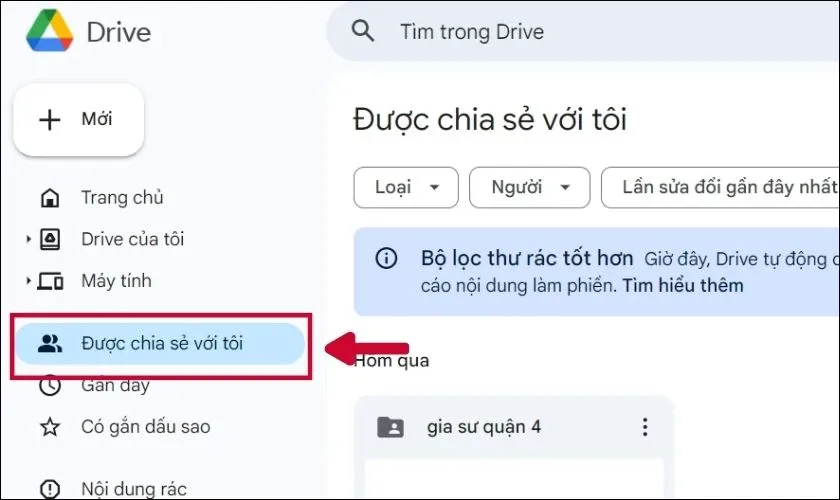 Chọn mục Được chia sẻ với tôi trong Google Drive trên máy tính để tải video lên Drive của người khác