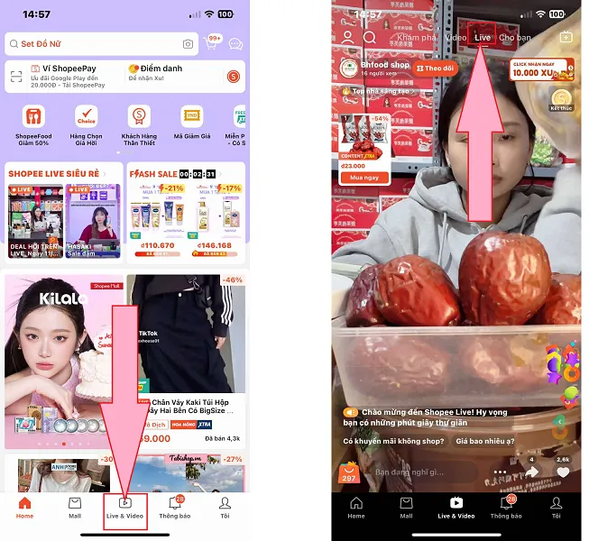 Chọn mục Live &amp; Video trên ứng dụng Shopee để tìm kiếm các phiên live và tìm hiểu cách mua hàng trên Shopee Live hiệu quả
