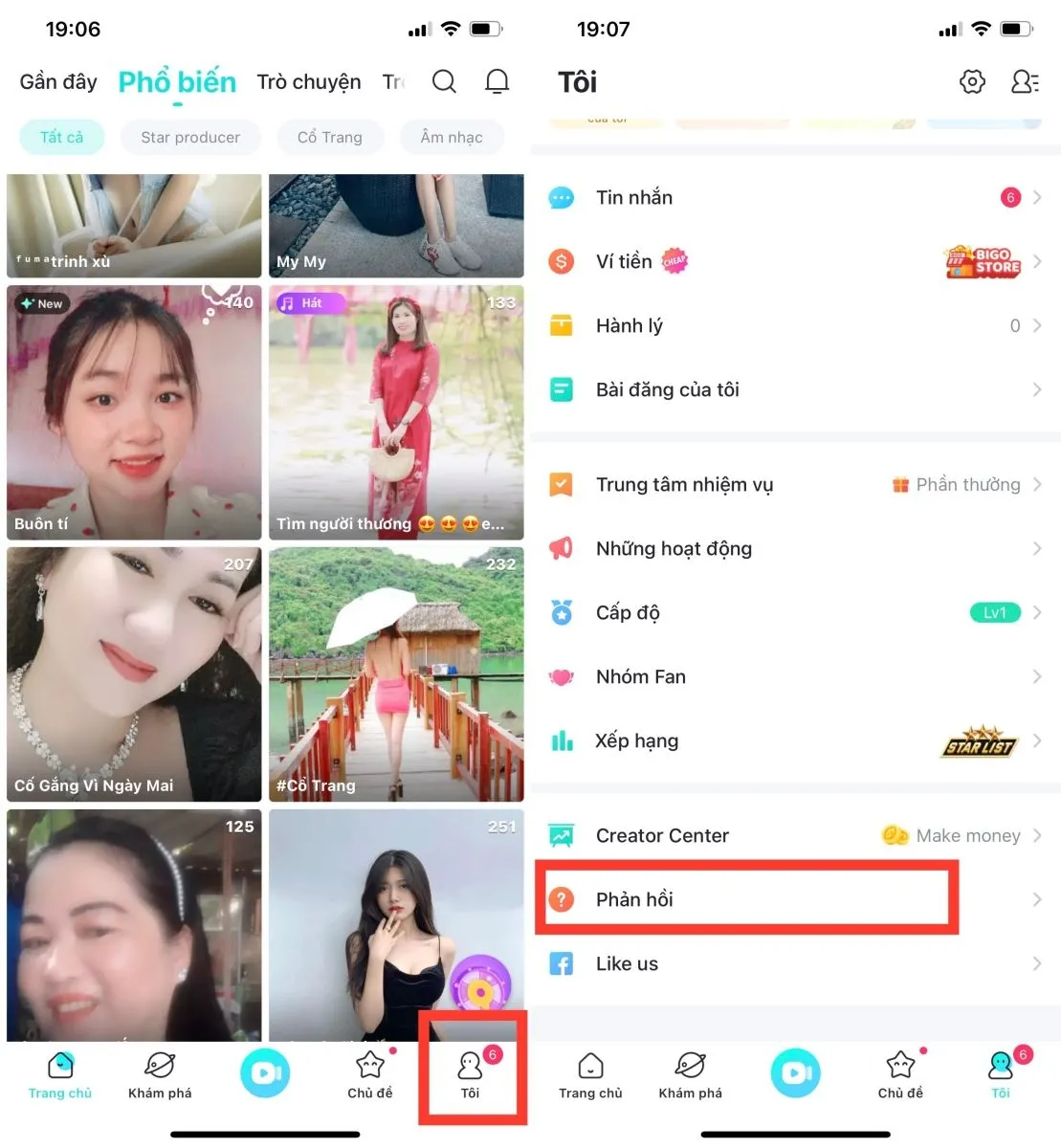 Chọn mục "Phản hồi" để gửi yêu cầu mở khóa Bigo Live trên iPhone