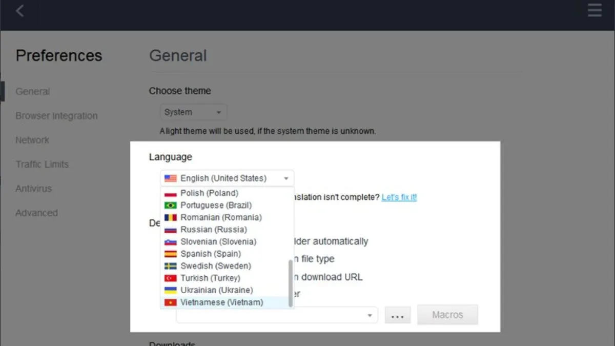 Chọn ngôn ngữ trong Free Download Manager