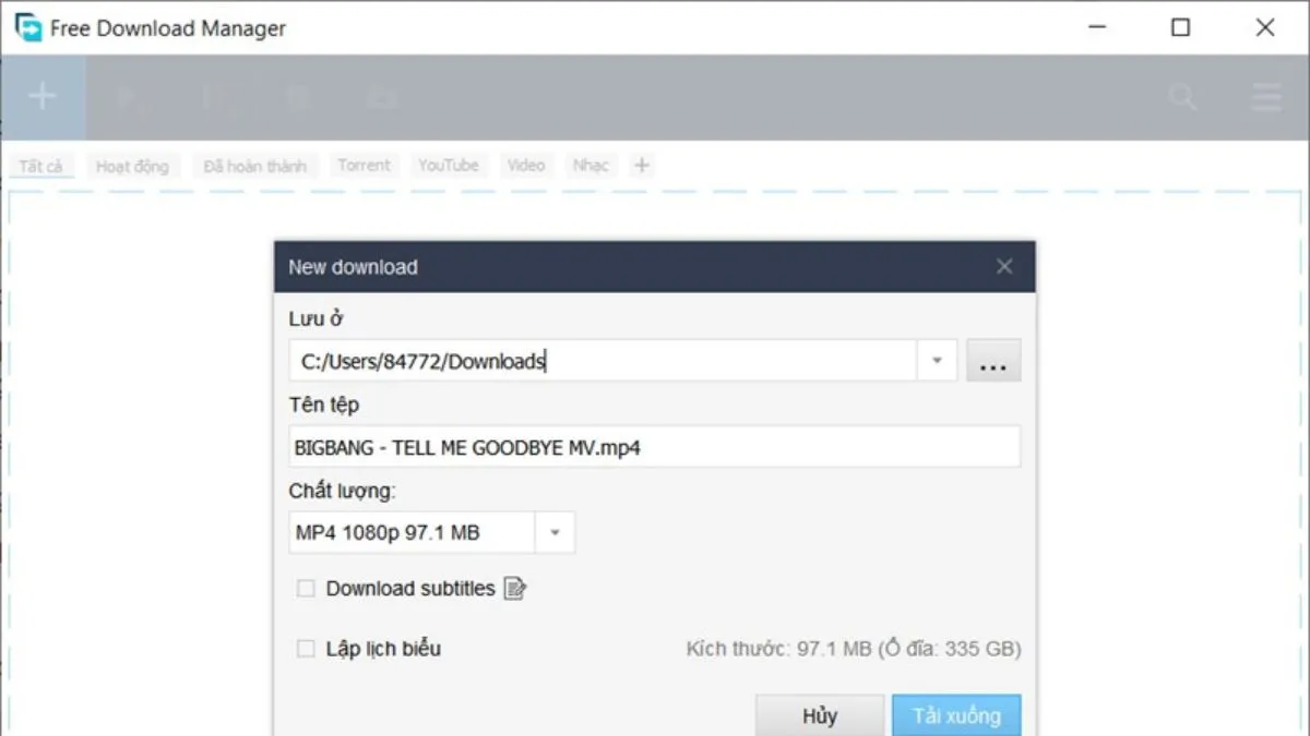 Chọn nơi lưu trữ và chất lượng video